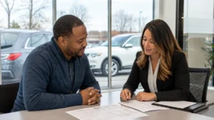 MasterCars Auto Sales - ChatGPT Image Aug 28 2026 07 20 41 PM Realistic premium editorial photography, horizontal 16:9: a used-car buyer and finance representative at a clean Doraville showroom desk comparing two practical vehicles visible through the windows while reviewing generic paperwork for exact down payment, total cash due at signing, payment frequency, and insurance readiness; all text and numbers unreadable, natural showroom light, transparent before-you-visit decision mood, main characters centered, no car keys on the desk, no logos, handshakes, approval badges, giant checkmarks, or watermarks, photorealistic.